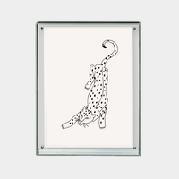 Minimalist black and white digital print of a stretching spotted leopard on a white background in a glass frame