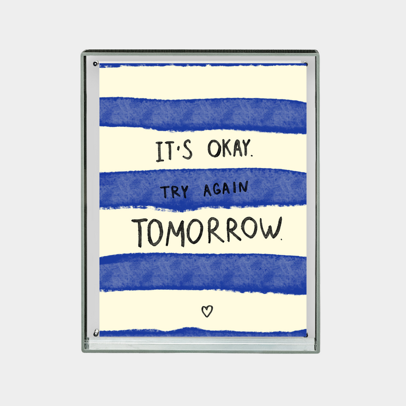 downloadable digital print with blue stripes and motivational text "It's okay. Try again tomorrow." in framed style