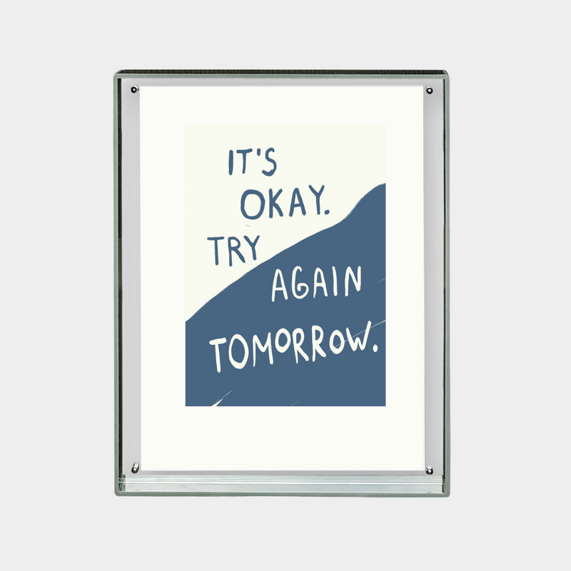 motivational digital print with text "It's okay, try again tomorrow" in blue and white background downloadable wall art