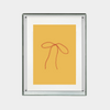 minimalist digital print of red ribbon bow on mustard yellow background in a clear frame