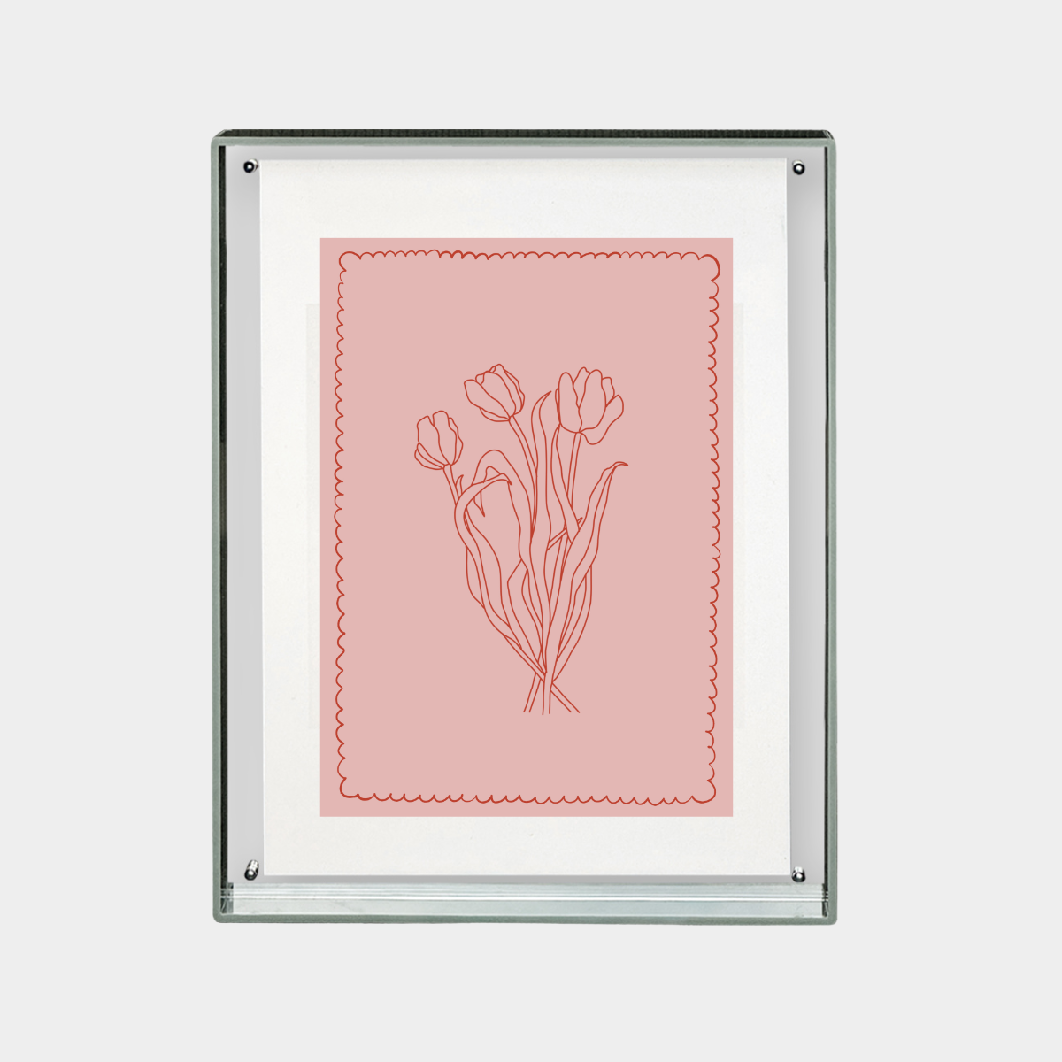 downloadable digital print of simple red tulip line art on pink background in modern frame