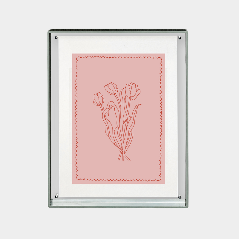 downloadable digital print of simple red tulip line art on pink background in modern frame