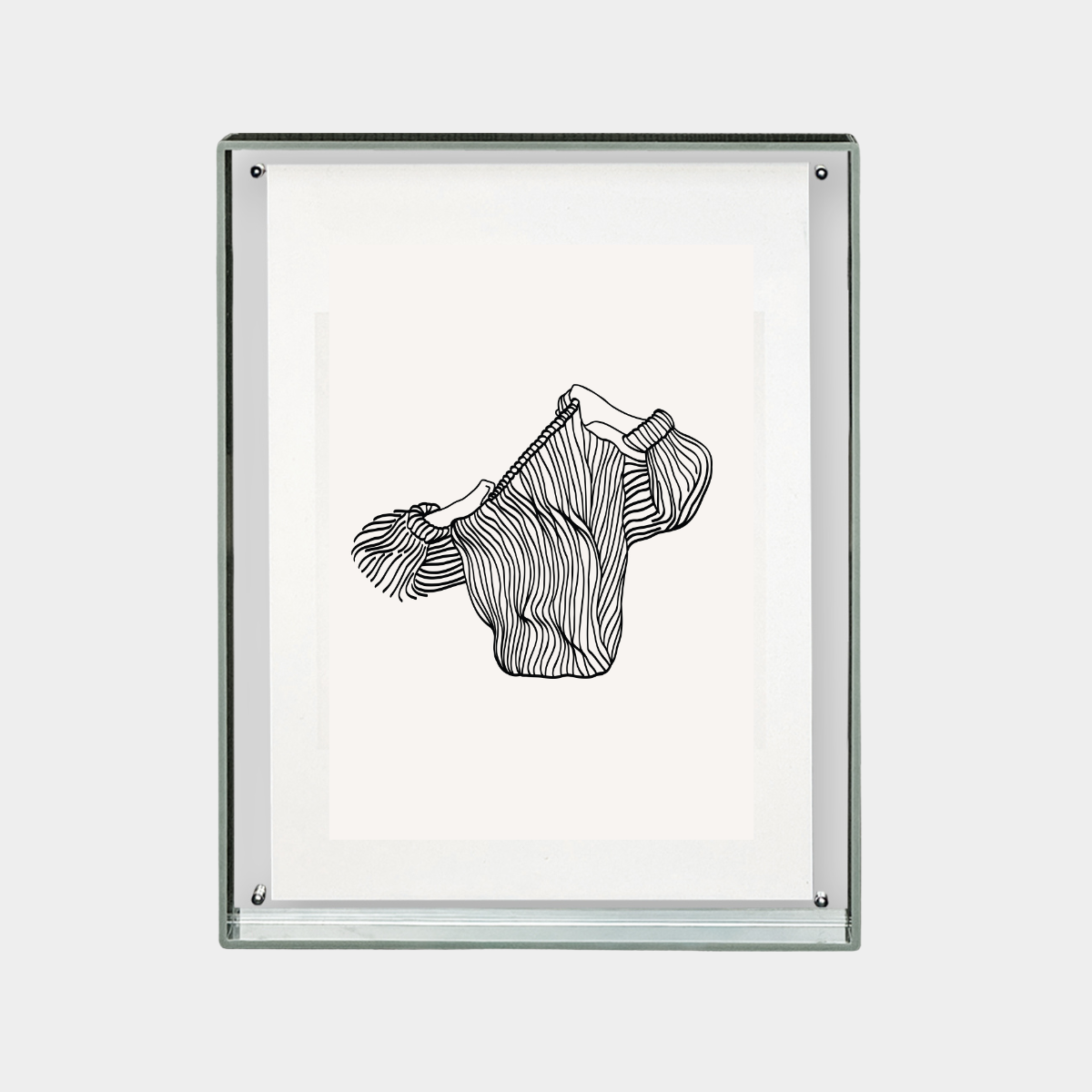 Minimalist digital print of abstract striped clothing item in black and white frame