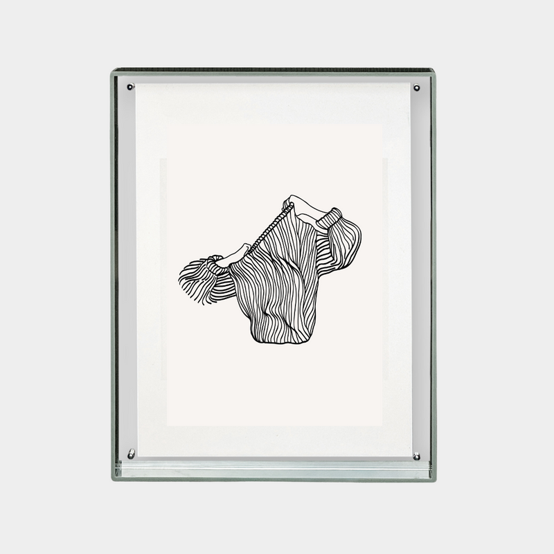 Minimalist digital print of abstract striped clothing item in black and white frame