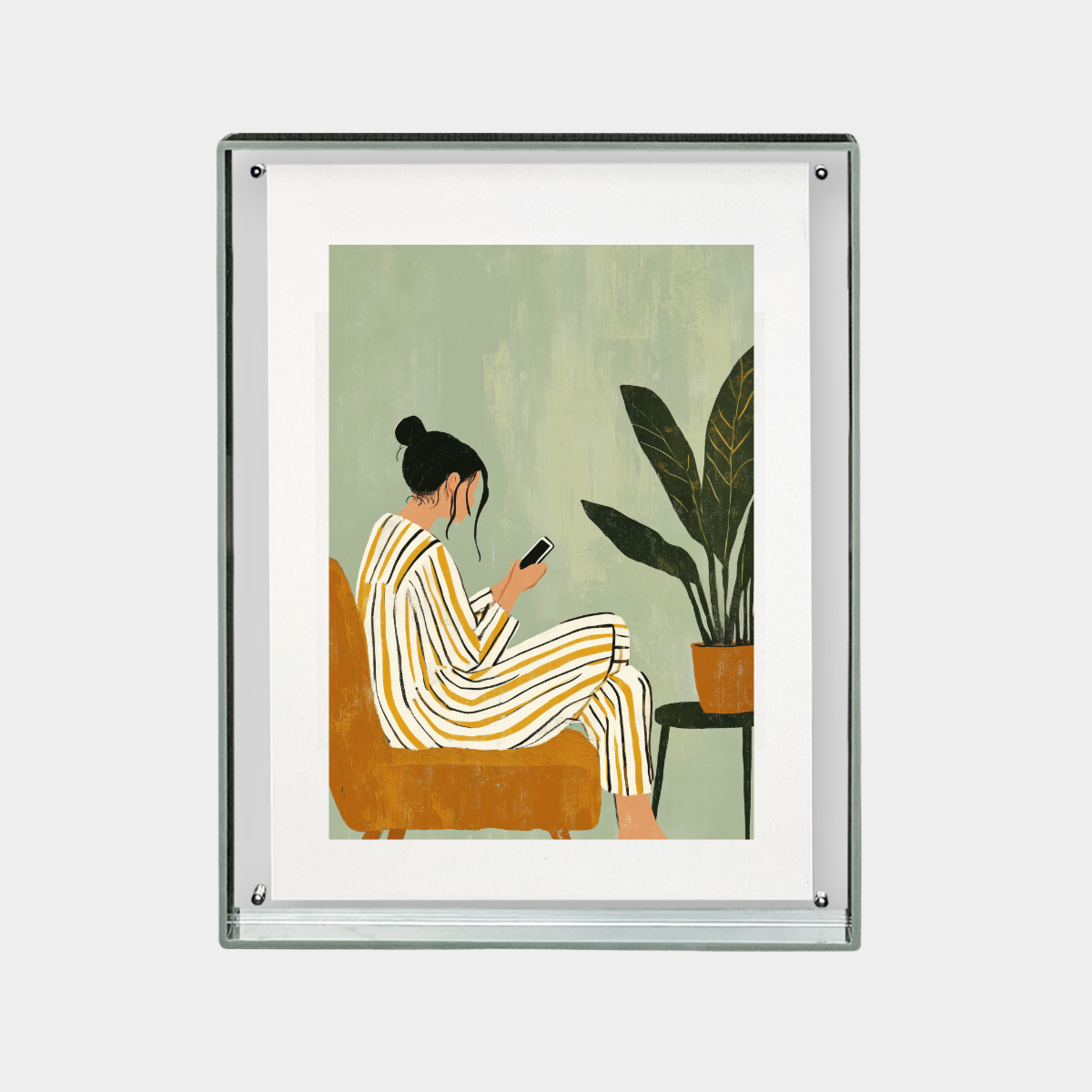 Time Out digital download print of a woman seated on a chair using a phone with a plant beside her in a modern minimalist style