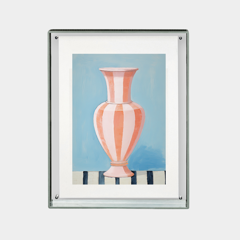 downloadable digital print of pink and white striped vase artwork in modern frame