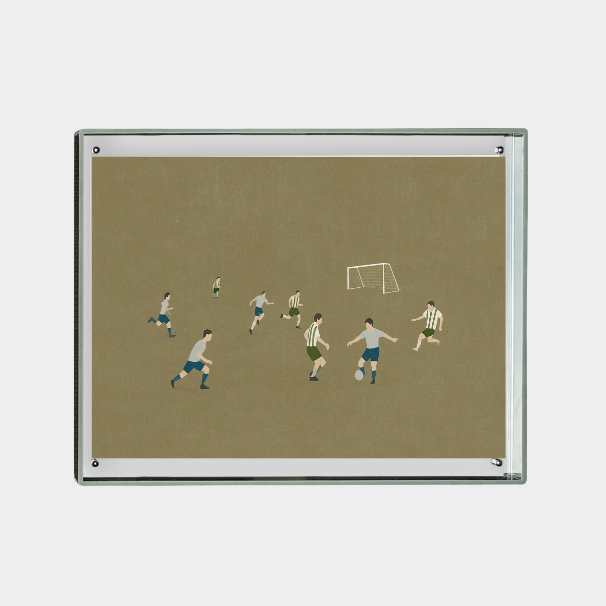 Minimalist digital art of a soccer game with players near a goal on a muted brown background, downloadable print Soccer is Life