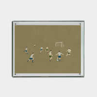 Minimalist digital art of a soccer game with players near a goal on a muted brown background, downloadable print Soccer is Life