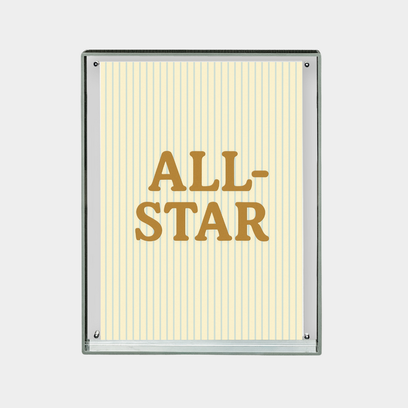 Downloadable digital print featuring "ALL-STAR" text on a striped background in vintage style