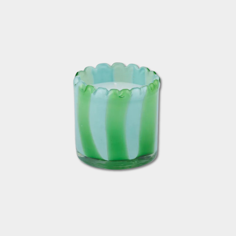 Ella Glass Candle in sky and emerald striped hand-painted glass jar with scalloped edge