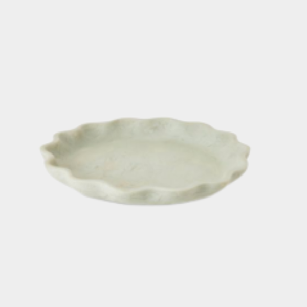 Aries Wavy Tray in sage green resin with wavy edges, ideal for serving cold food or displaying fruit