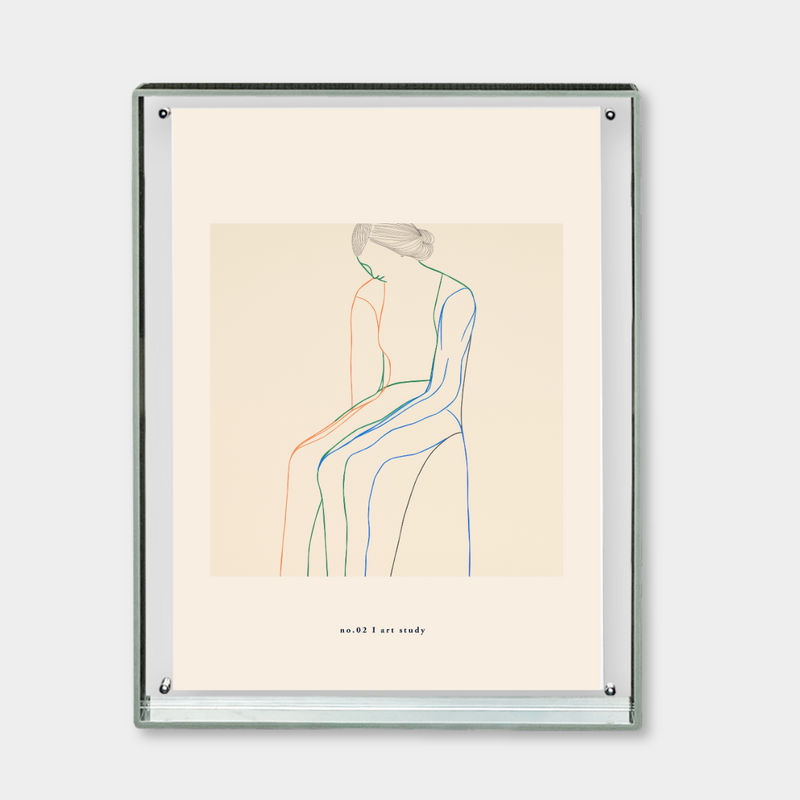 In This Moment Print digital downloadable abstract line art of seated woman in multicolor lines on beige background framed wall art
