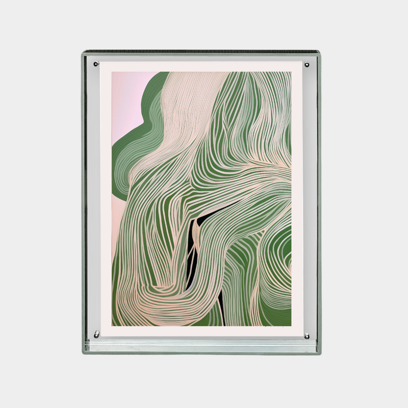 abstract green and beige wavy lines downloadable digital print in glass frame