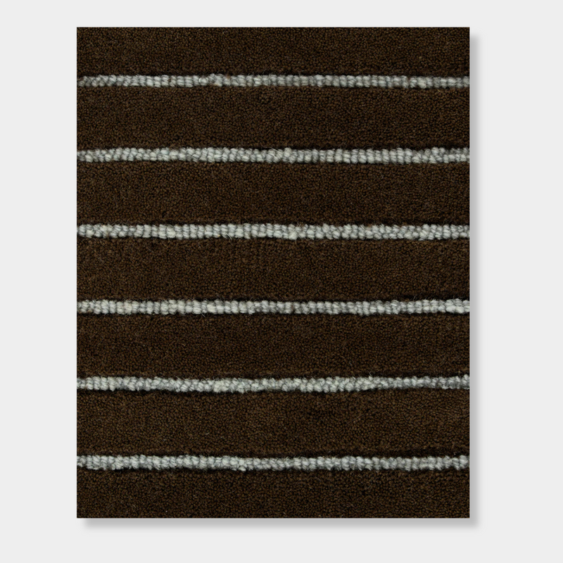 Baya Marlow Floor Rug in chocolate brown with powder blue horizontal stripes, hand-tufted New Zealand wool texture