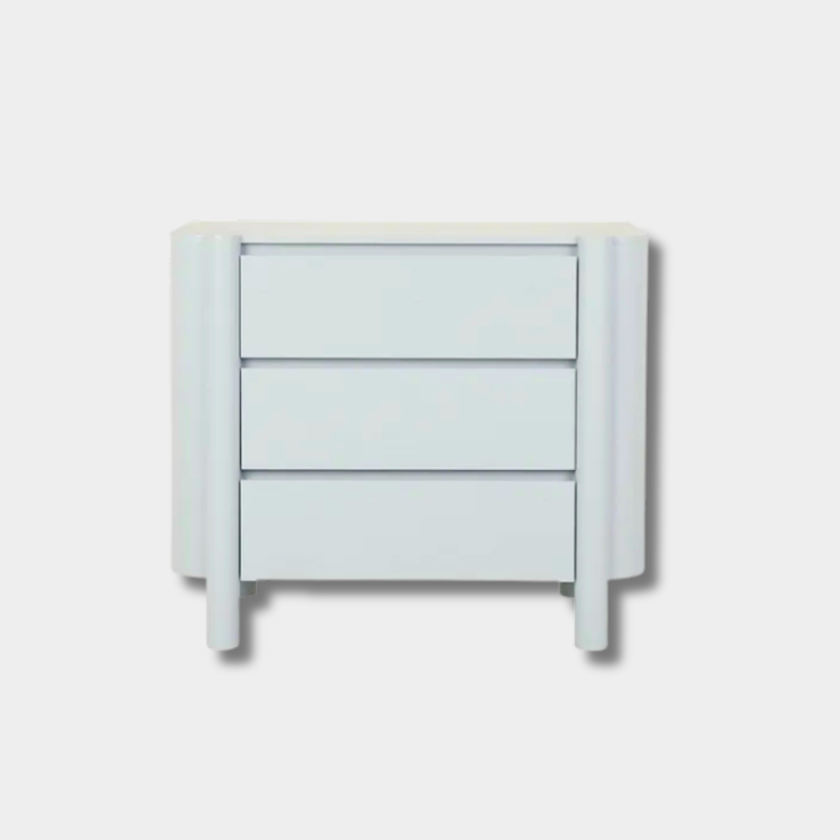 GlobeWest Artie Dresser in powder blue with pillar legs, rounded fronts, three drawers, and painted ash veneer finish