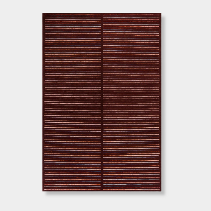 Baya Marlow Floor Rug in wine with burgundy and pale pink stripes, hand-tufted 100% New Zealand wool, 15mm pile depth.
