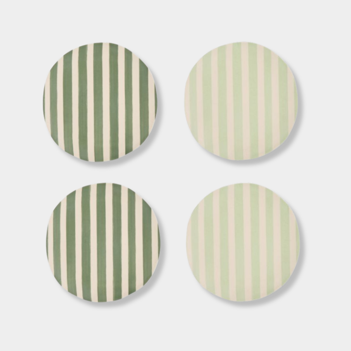 Set of four Davis & Waddell Saltara Bamboo Fibre Dinner Plates with dark green and mint green stripes