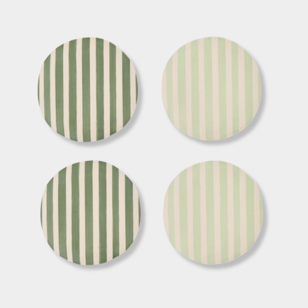 Set of four Davis & Waddell Saltara Bamboo Fibre Dinner Plates with dark green and mint green stripes