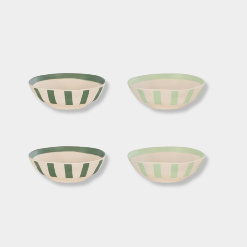 Davis & Waddell 4-piece eco-friendly bamboo fibre bowl set in dark green and mint green with striped design