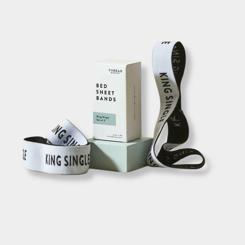 Thread Design elastic bed sheet bands labeled King Single with packaging box on white background