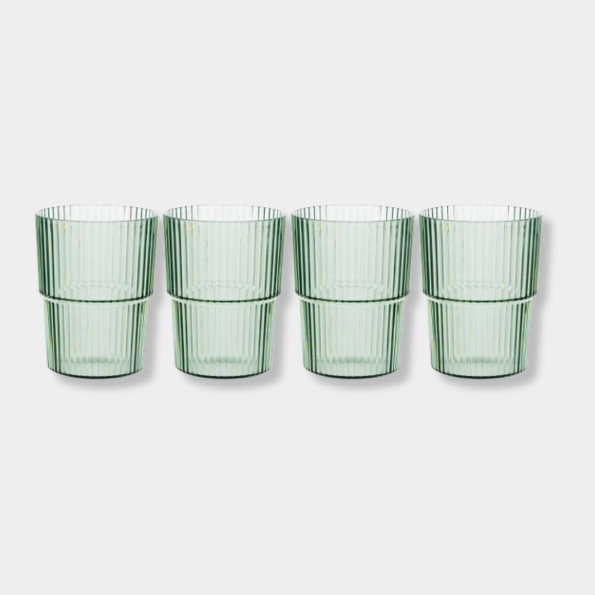 Set of four green Saltara RPET tumblers with ribbed texture, made from recycled plastic, 400ml capacity, durable and eco-friendly drinkware.