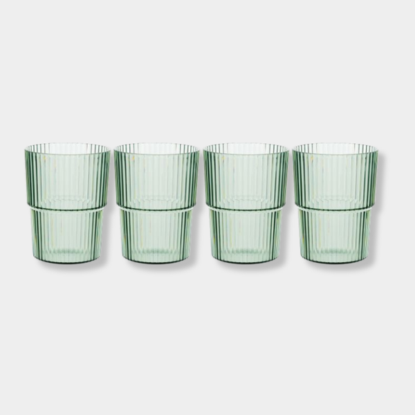 Set of four green Saltara RPET tumblers with ribbed texture, made from recycled plastic, 400ml capacity, durable and eco-friendly drinkware.