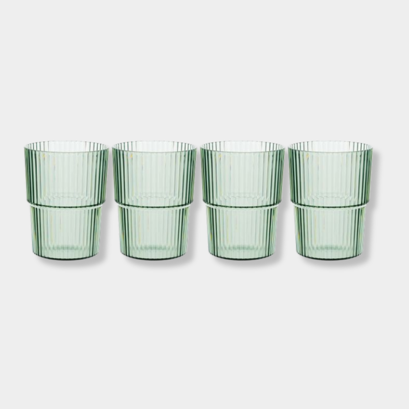 Set of four green Saltara RPET tumblers with ribbed texture, made from recycled plastic, 400ml capacity, durable and eco-friendly drinkware.