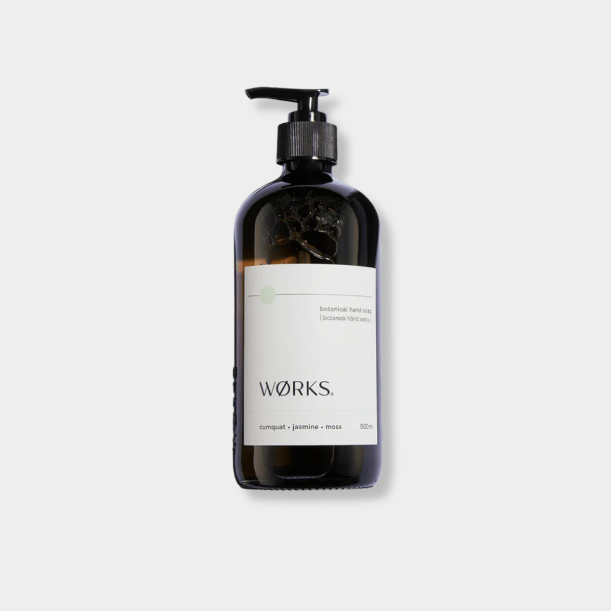 Works Hand Soap cumquat jasmine moss in refillable smoky grey glass bottle 500ml