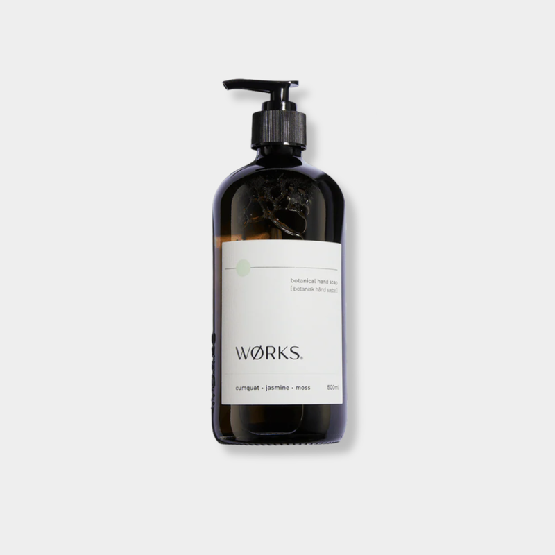 Works Hand Soap cumquat jasmine moss in refillable smoky grey glass bottle 500ml