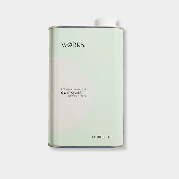 Works Hand Soap cumquat 1L aluminium refill canister with pourer and recycled packaging
