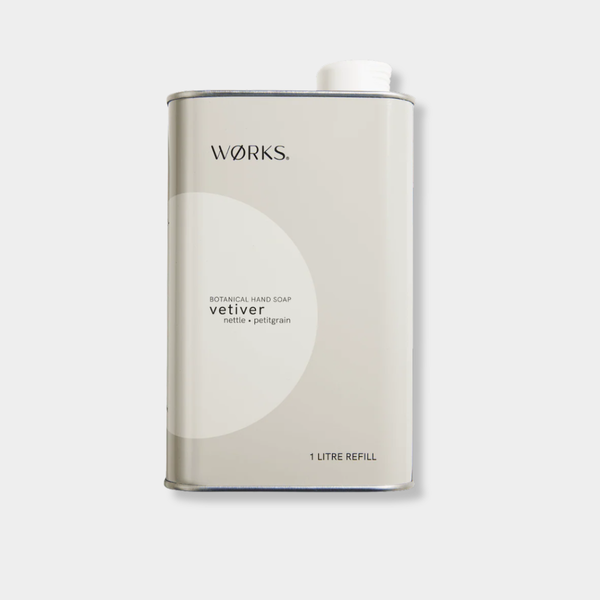 Works Hand Soap Vetiver 1L aluminium refill canister with inbuilt pourer, recyclable and mess-free.