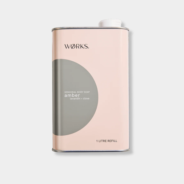 Works Body Soap amber lavandin clove 1L aluminium refill canister with eco-friendly design