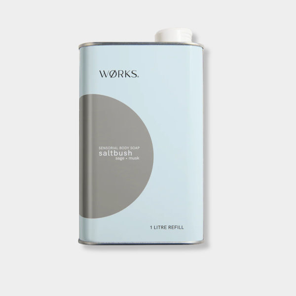 WØRKS Saltbush Body Soap 1L aluminium refill canister with sage and musk scent, eco-friendly and recyclable packaging