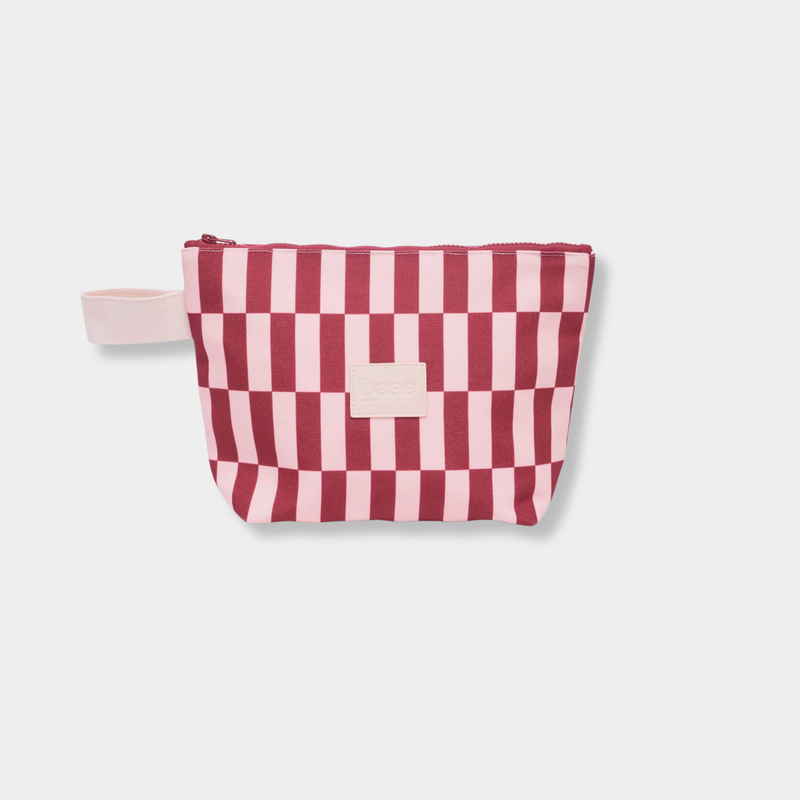 Base Supply Wet Base Midi burgundy and peony check waterproof storage pouch with top zip and cotton loop