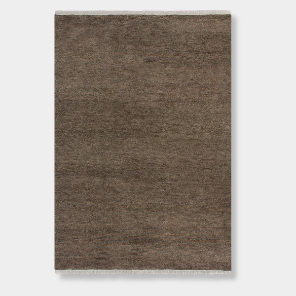 Baya Tanami Floor Rug in earthy brown, hand-knotted 100% New Zealand wool with soft cotton fringe, low-profile design