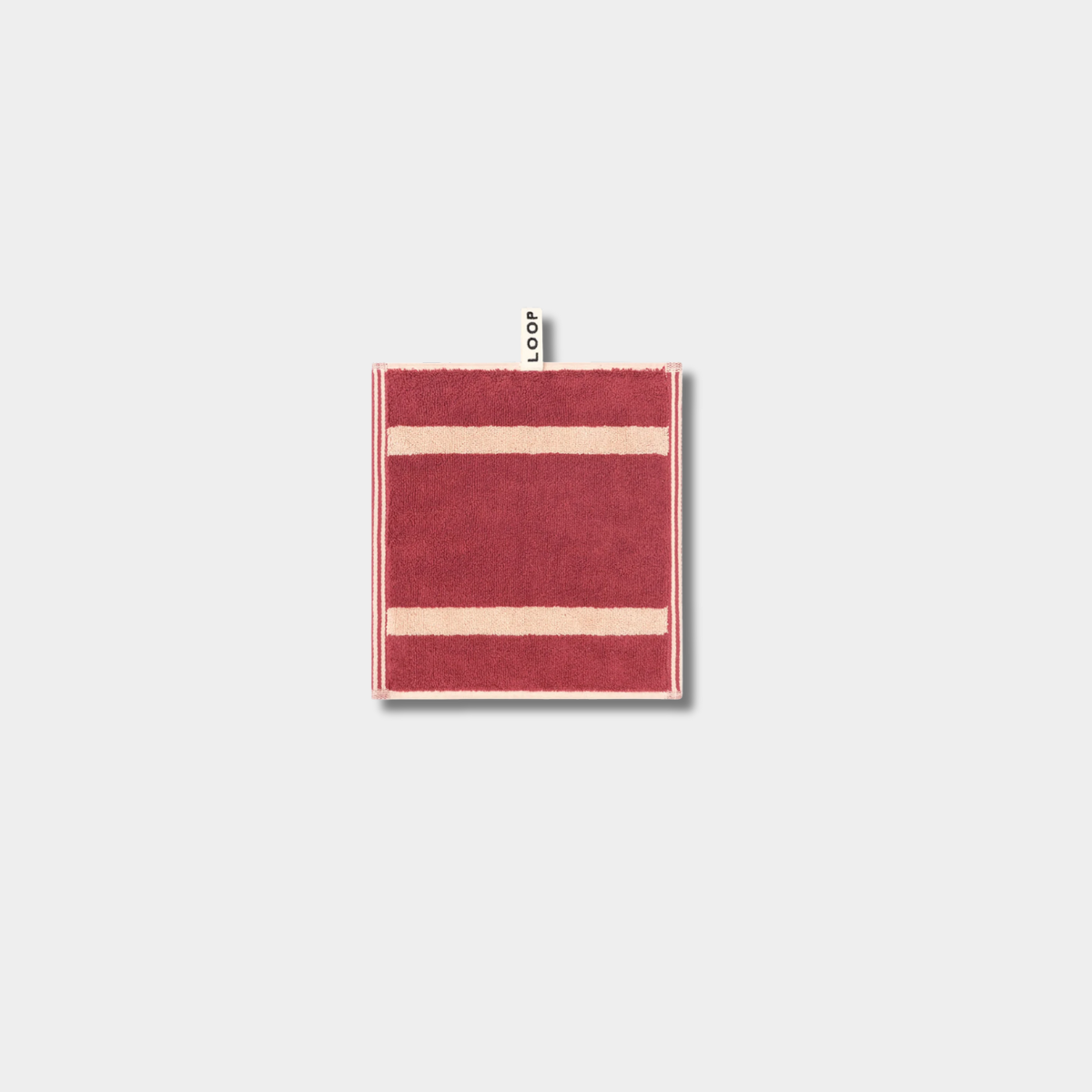 Loop Home Face Towel in ruby and almond pinstripe design made from organic cotton, 30x30 cm, jacquard weave, luxurious and absorbent.