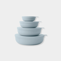 Sky blue Styleware nesting bowls set with snap-tight lids, lightweight and BPA-free.