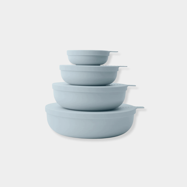 Sky blue Styleware nesting bowls set with snap-tight lids, lightweight and BPA-free.