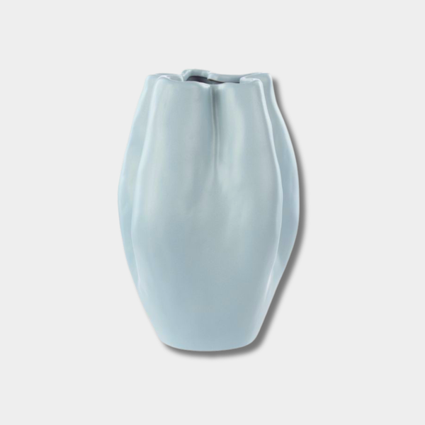 Tall pearl-blue stoneware Fluid Vase with wavy, sculptural silhouette by Amalfi
