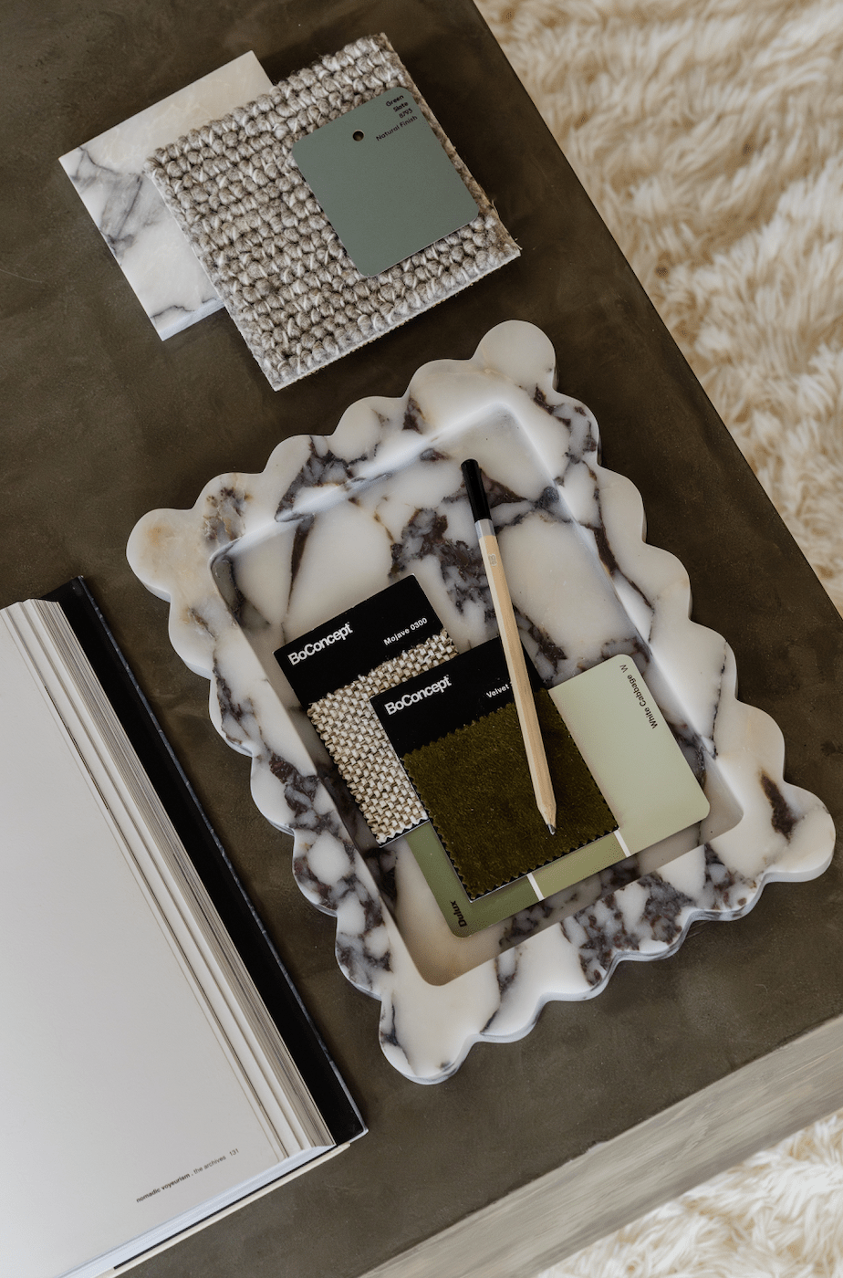 CoTheory Palazzo Marble Tray medium scalloped Viola marble decorative tray on table with stationery and book