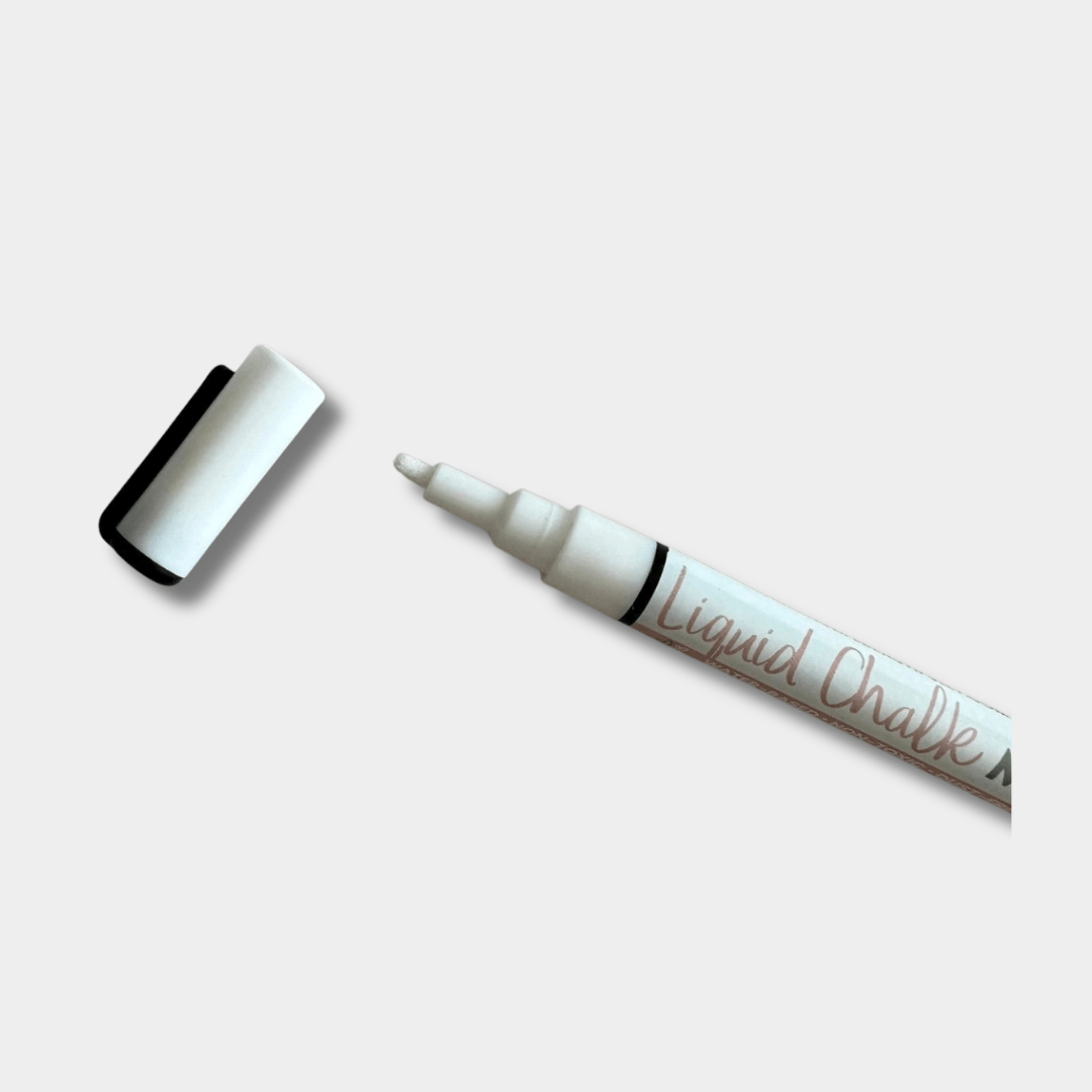 White liquid chalk marker with fine reversible 3mm nib and removable cap for smooth, opaque writing on multiple surfaces