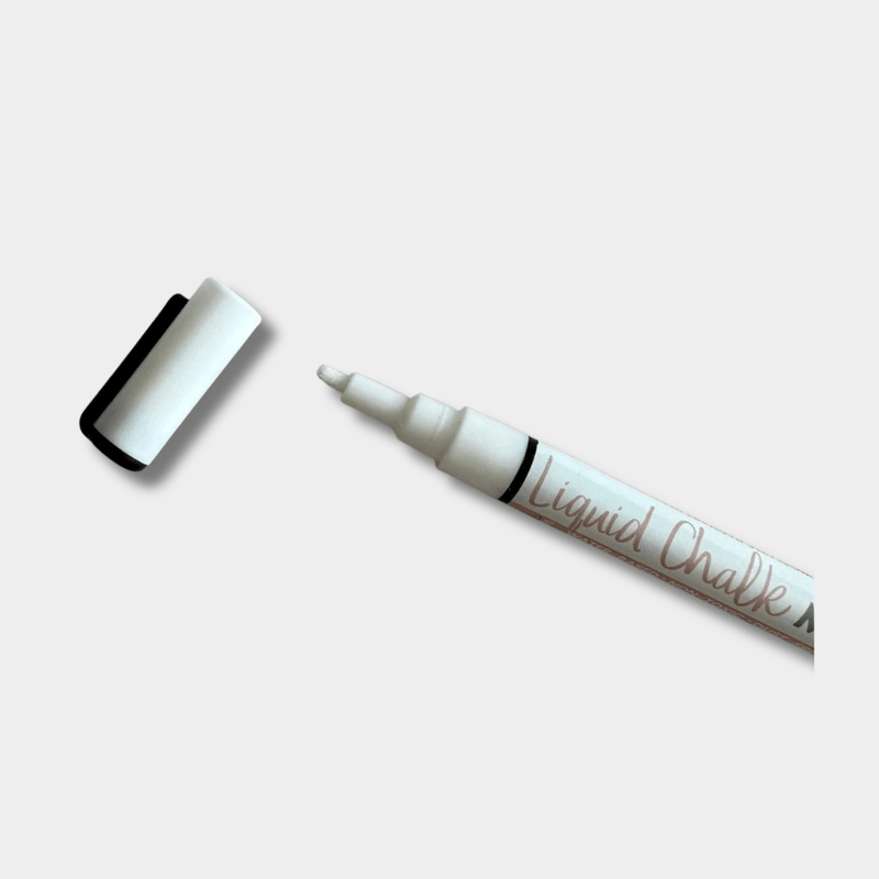 White liquid chalk marker with fine reversible 3mm nib and removable cap for smooth, opaque writing on multiple surfaces