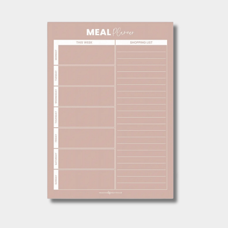 Blush A4 magnet meal planner with weekly menu and shopping list for fridge organization