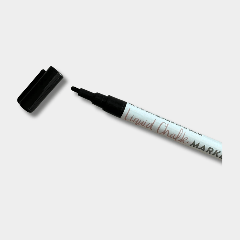Black liquid chalk marker with fine 3mm reversible nib and water-based opaque ink for easy cleaning on various surfaces