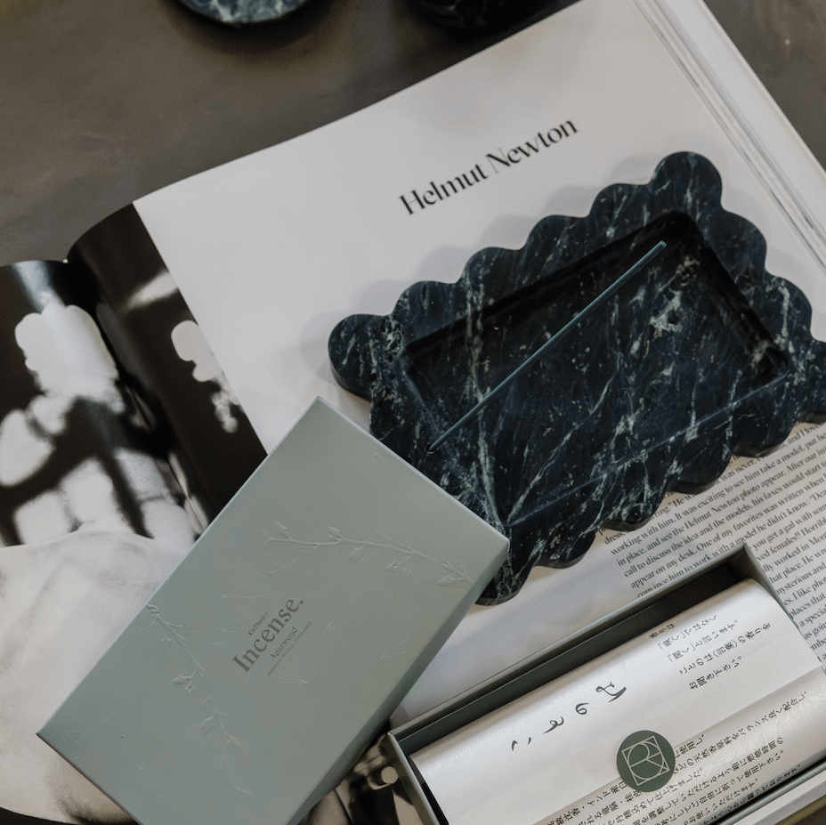 CoTheory Marble Tray small scalloped black marble incense holder on magazine with incense box