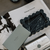 CoTheory Marble Tray small scalloped black marble incense holder on magazine with incense box