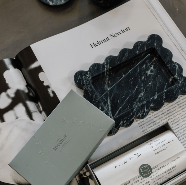 CoTheory Marble Tray small scalloped black marble incense holder on magazine with incense box