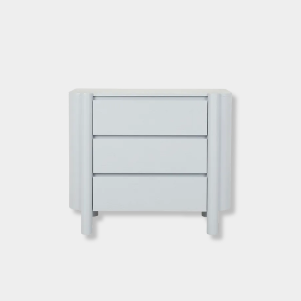 GlobeWest Artie Dresser in powder blue with sculptural pillar legs and three drawers