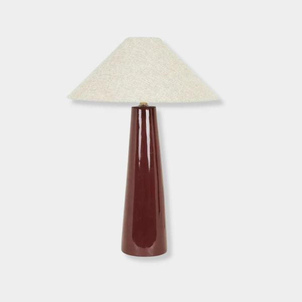 GlobeWest Lorne Canopy Lamp with Shiraz ceramic base and ivory linen shade on side table