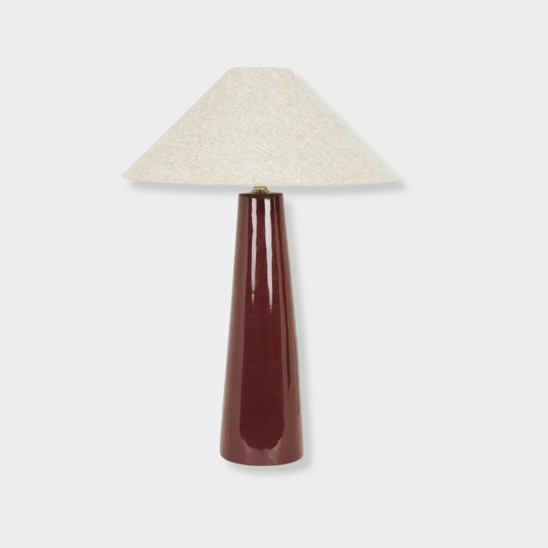 GlobeWest Lorne Canopy Lamp with Shiraz ceramic base and ivory linen shade on side table
